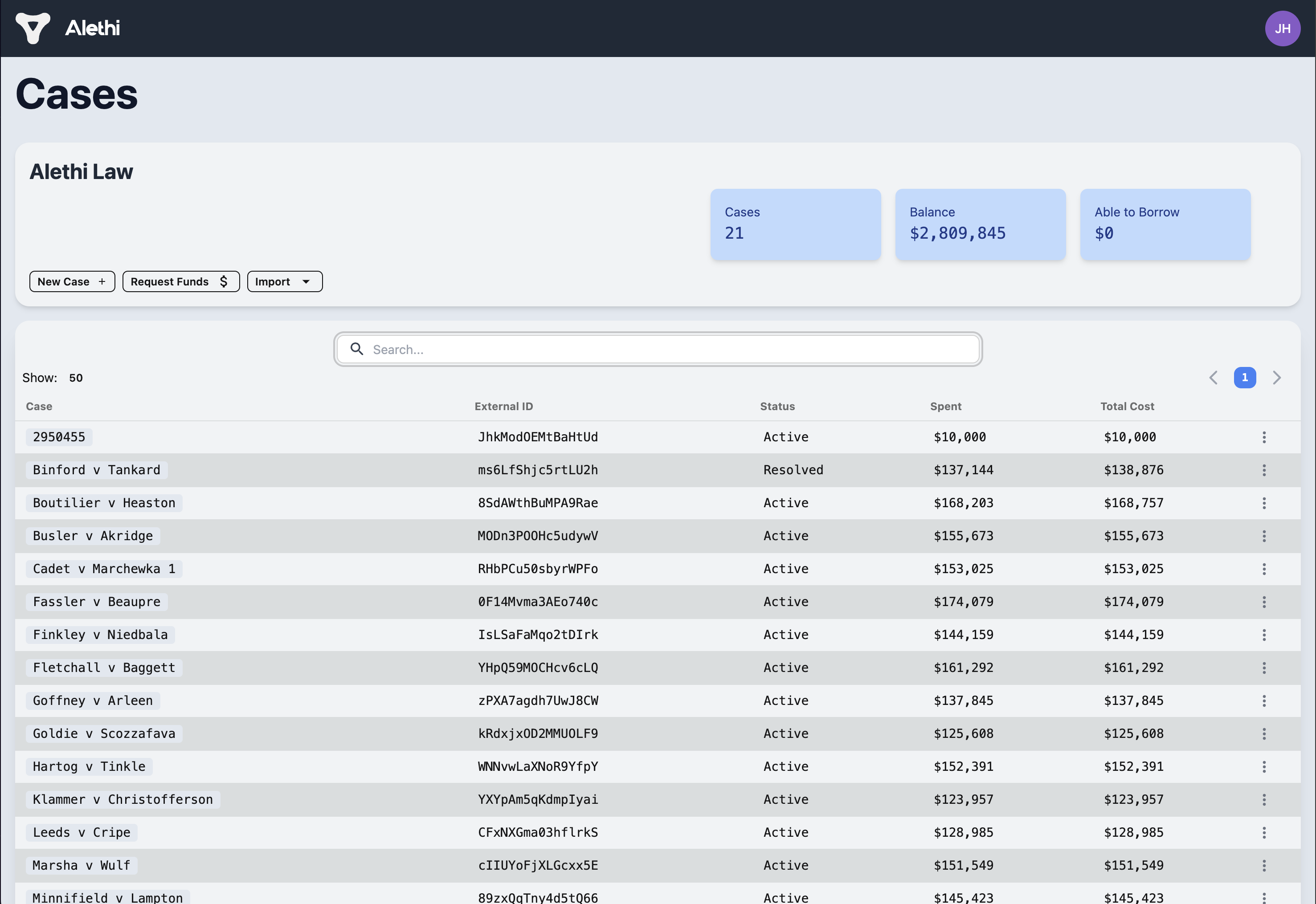 Alethi dashboard showing case expense tracking interface